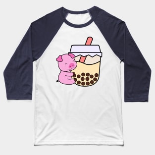 Cute Happy Baby Pig Hugs Sweet Bubble Tea Cream Boba Tea Kawaii Baseball T-Shirt